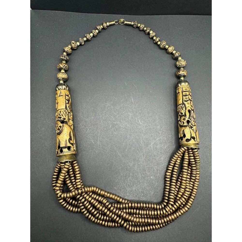 Vintage Wooden Carved Designed Beaded Tribal Ethnic Necklace Brass Clasp